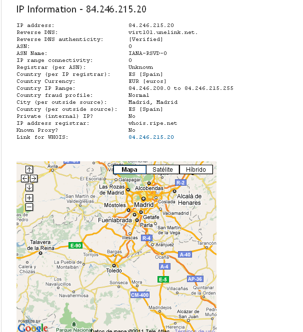 Información y localización de una IP