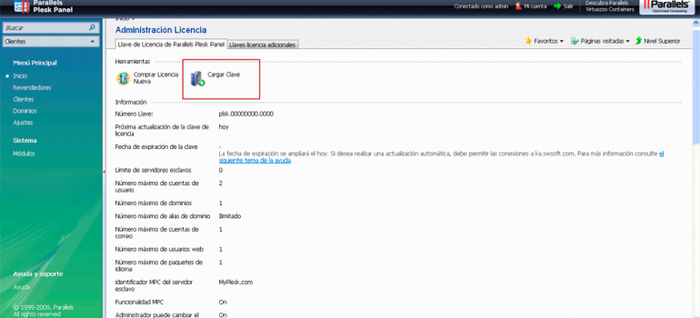 Cargar clave o licencia en Plesk