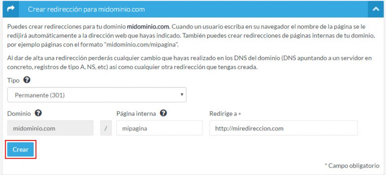 Crear redirección de un dominio