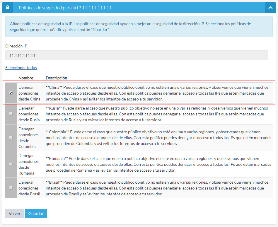 Denegar conexiones desde China