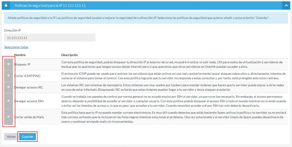 Selección políticas de seguridad