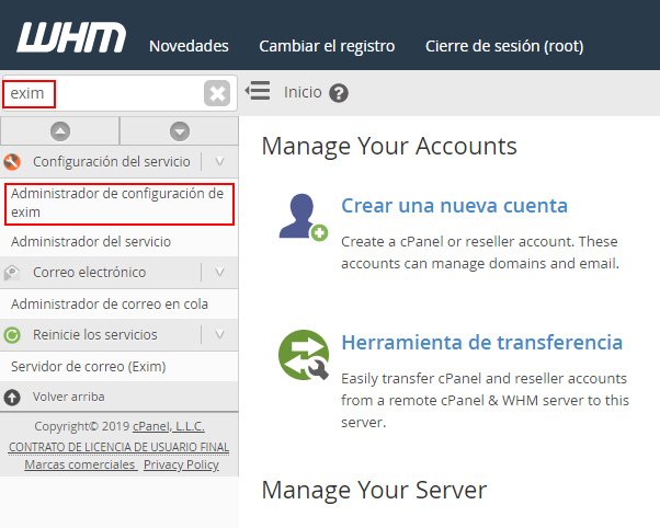 Administrador configuración de exim