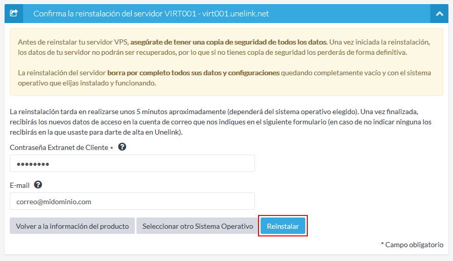 Confirmar reinstalación VPS