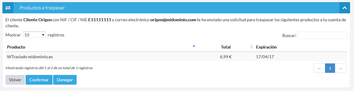Traspasar productos a otro cliente de Unelink