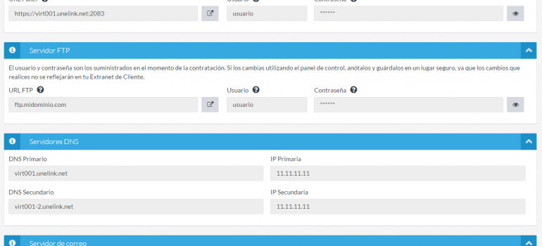 Datos de tu hosting contratado en Unelink
