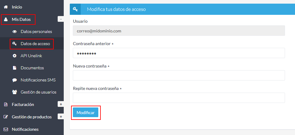 Modifica tus datos de acceso