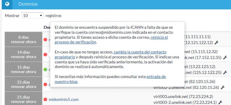 Consulta la verificación de tu dominio por parte de ICANN