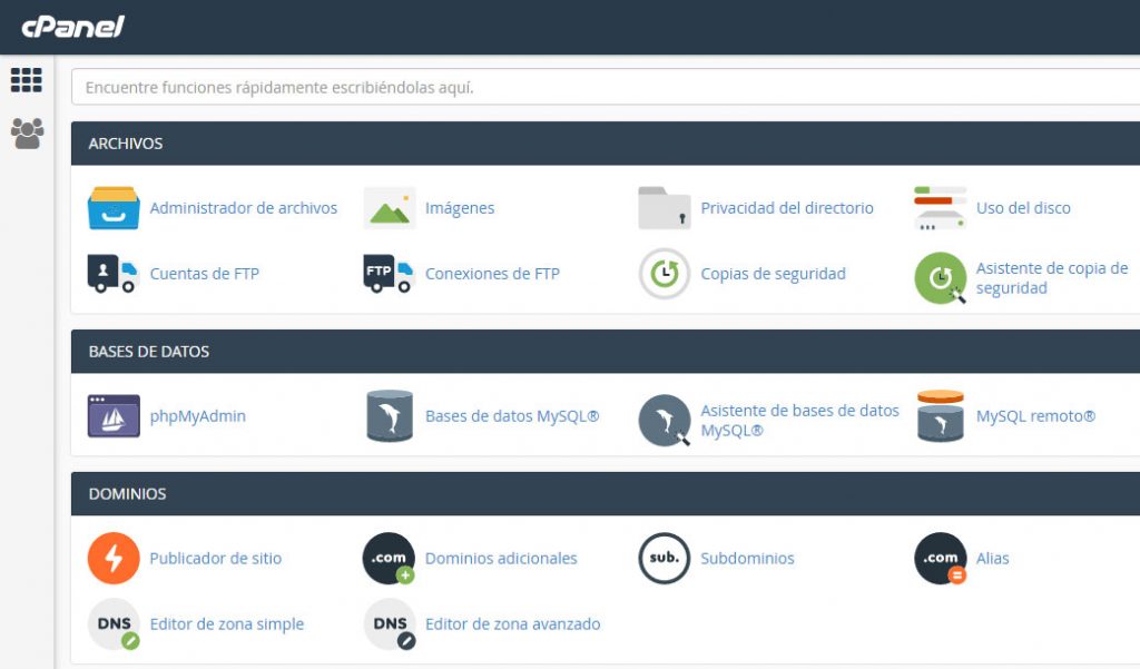 Pantalla principal cPanel