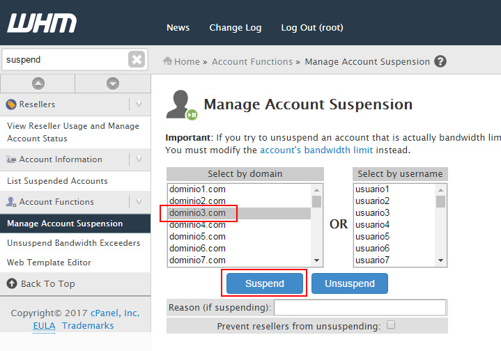 Cómo suspender un dominio en cPanel