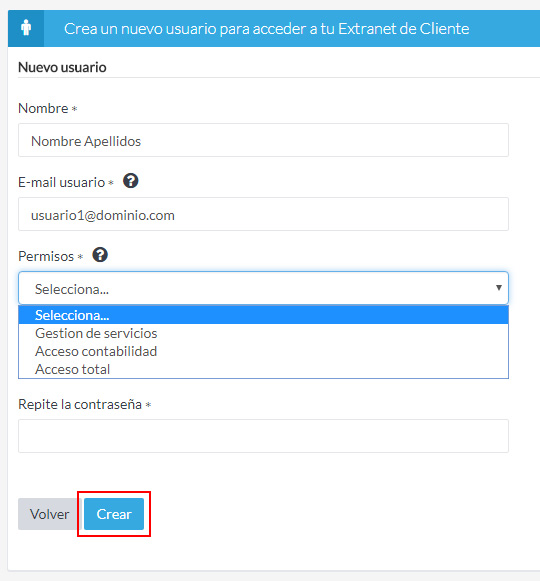 Crea usuarios adicionales para tu Extranet de Cliente