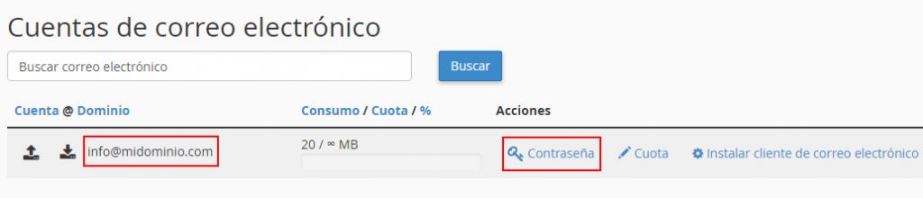 Listado de cuentas de correo