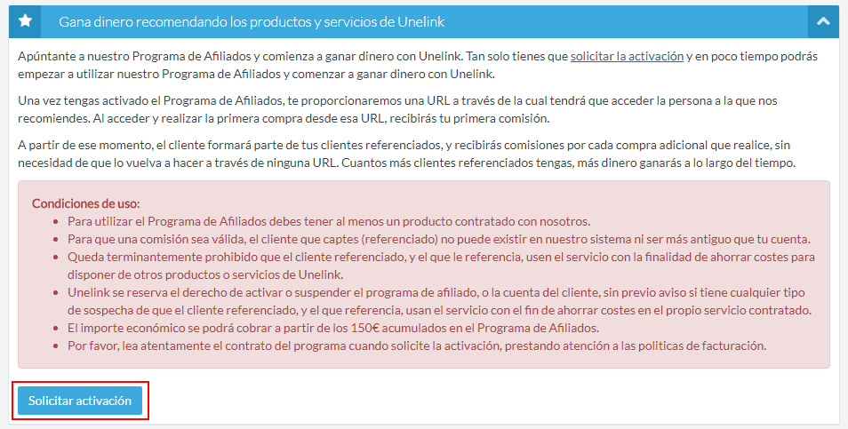 Solicitar activación Programa de Afiliados