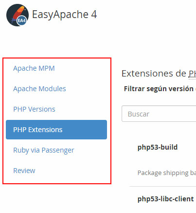 Añadir módulos de Apache y PHP desde EasyApache 4 en cPanel
