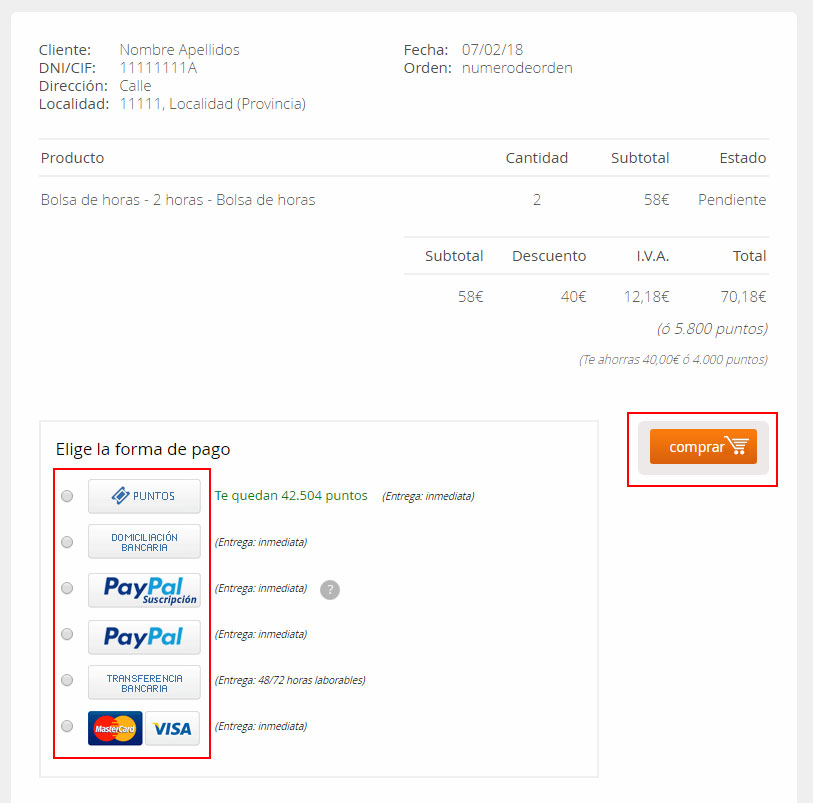 Selección de forma de pago