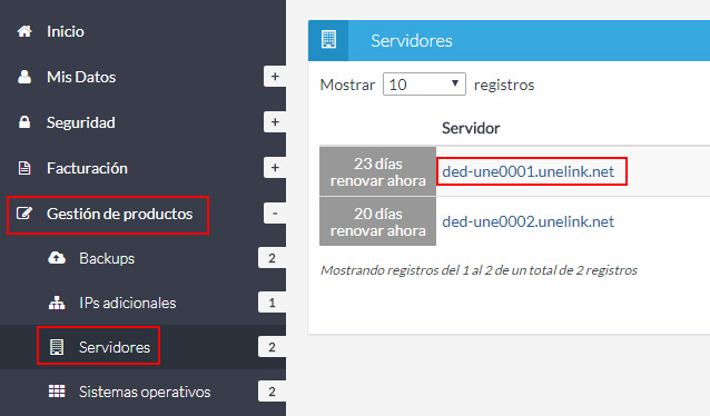 Listado servidores dedicados