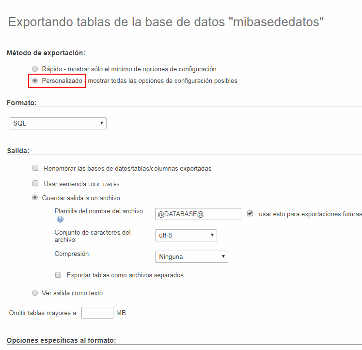 Exportación personalizada