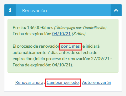 Cambiar el periodo de renovación en los productos con renovación automática