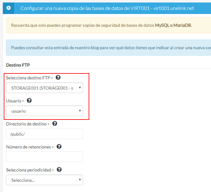 Selección destino backup