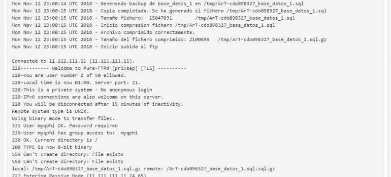 Consultar el log de la última copia de bases de datos realizada desde la Extranet de Cliente