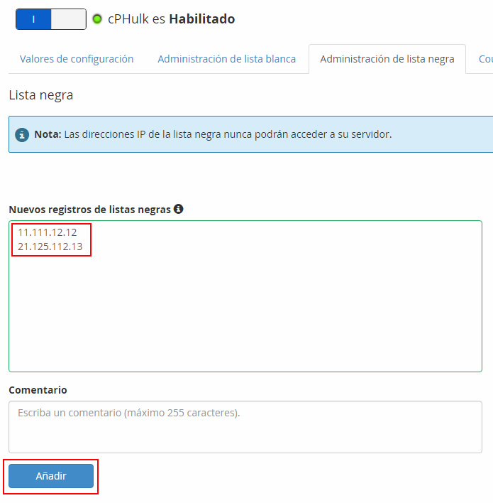 Añade IPs a la lista negra de cPHulk desde el WHM de cPanel