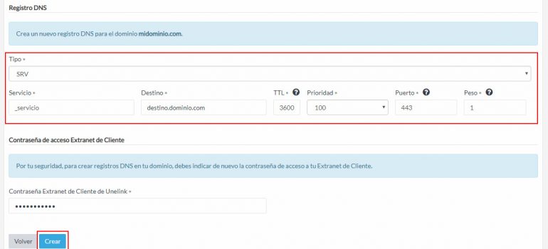 Añadir registros SRV a un dominio desde la Extranet de Cliente