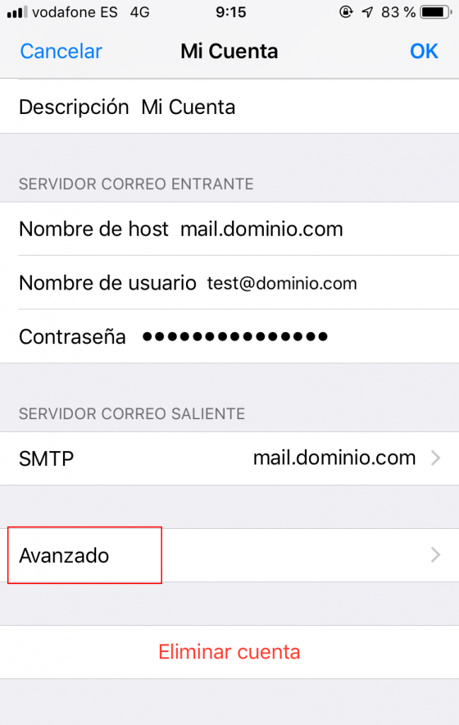 Ajustes cuenta correo electrónico