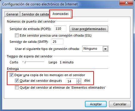 Cambiar los días que Outlook deja los mensajes en el servidor