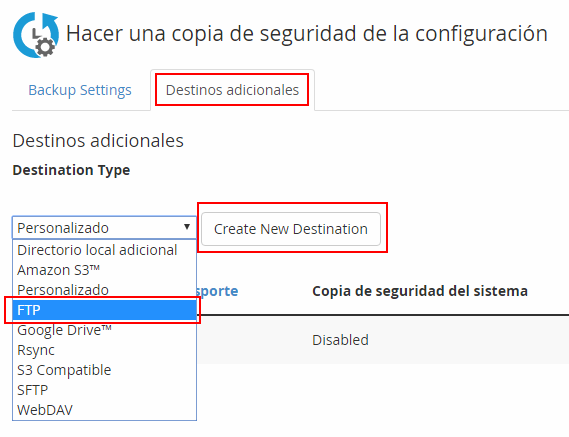 Envíar copias de seguridad de cPanel a un FTP