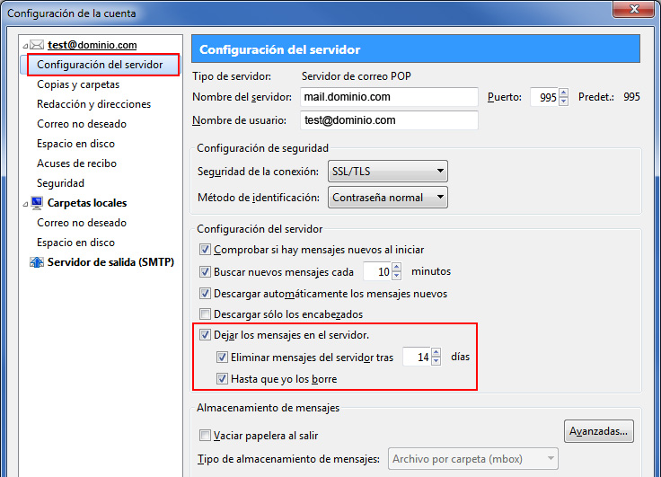 Cambiar los días que Thunderbird deja los mensajes en el servidor