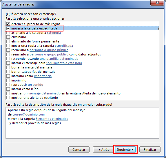 Crear reglas en Outlook para mover correos electrónicos a carpetas dependiendo del remitente