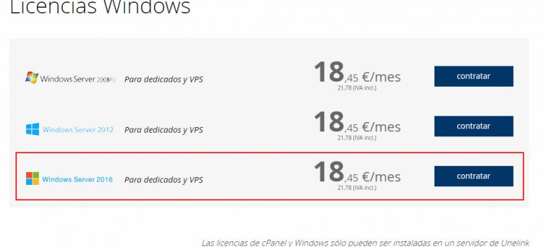 Licencias Windows Server 2016 disponibles para los servidores dedicados
