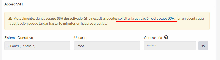 Solicitar activación SSH