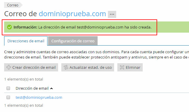 Crear cuentas de correo en Plesk