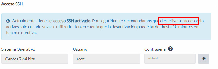 Desactivar el acceso SSH de un servidor desde la Extranet de Cliente