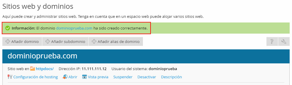 Crear un dominio en Plesk