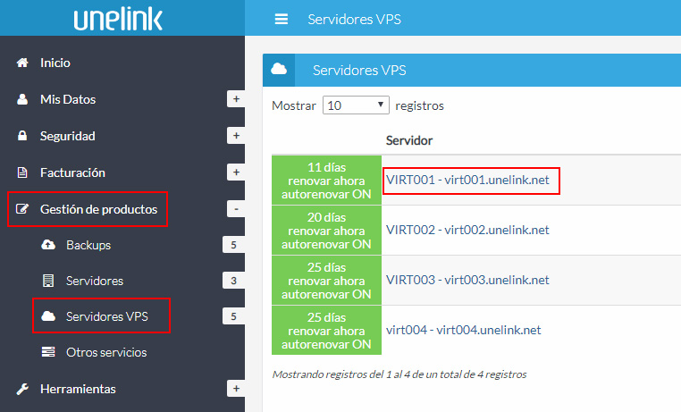Listado de servidores