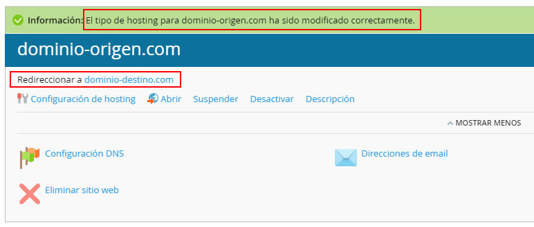 Crear una redirección de dominio en Plesk