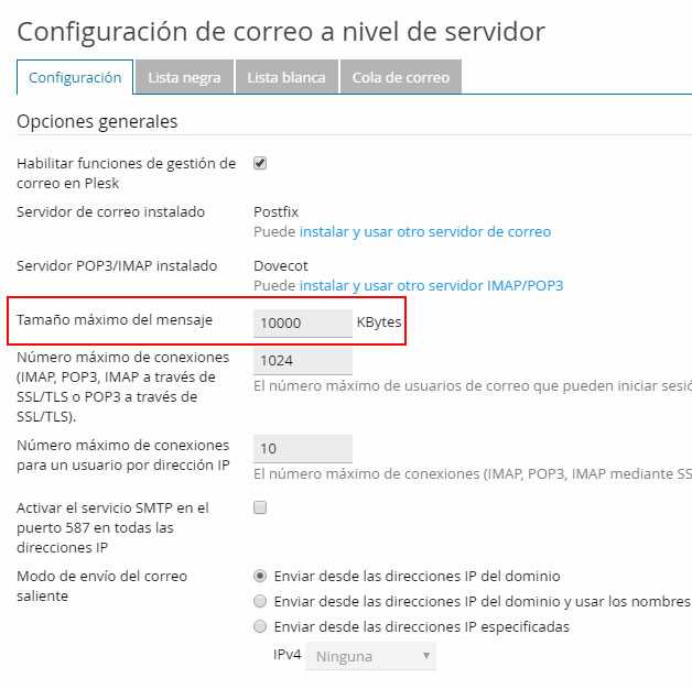 Cambiar el tamaño máximo de los emails en Plesk