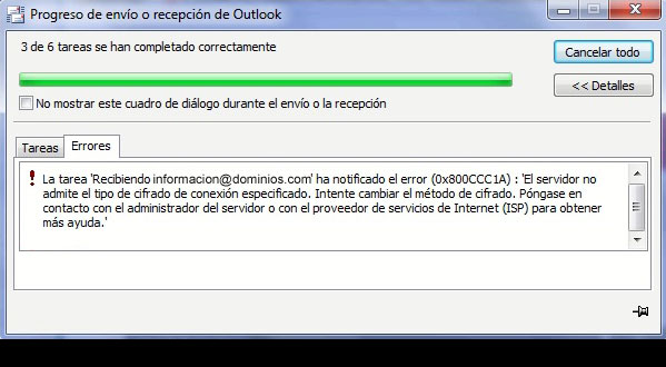 Error de correo en Outlook: el servidor no admite el tipo de cifrado de conexión especificado