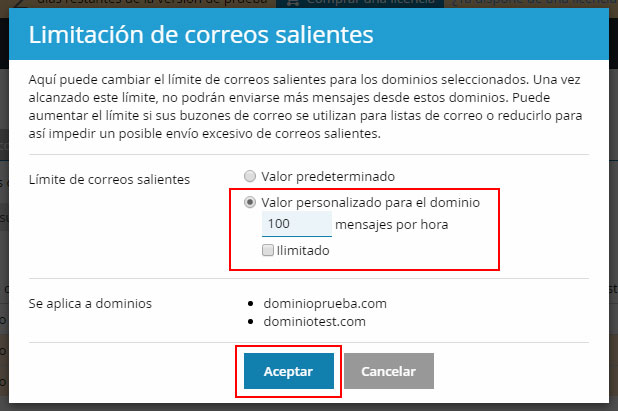 Cambiar el máximo de emails por hora que puede enviar un dominio en Plesk