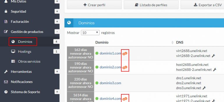 Accede a la pantalla de acceso de cPanel desde el listado de dominios de tu Extranet de Cliente