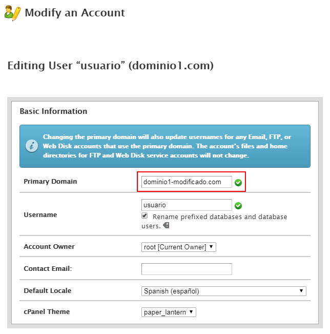 Cambiar el nombre de un dominio en cPanel