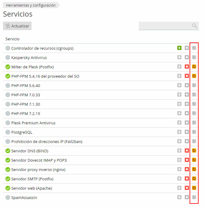 Reiniciar servicios desde Plesk