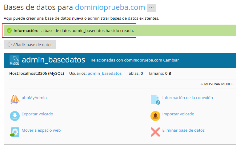 Crear una base de datos en Plesk