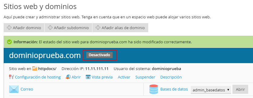 Desactivar un dominio en Plesk