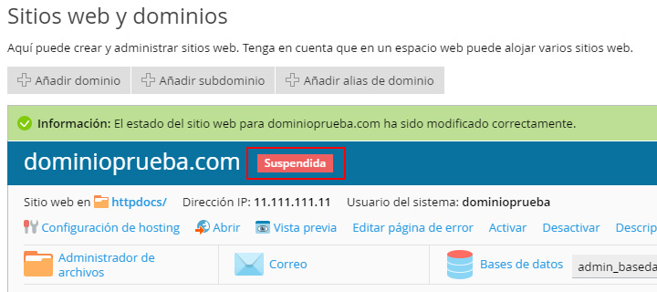 Suspender un dominio en Plesk
