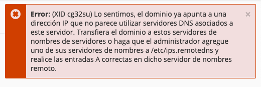 Solucionar el error: (XID cg32su) Lo sentimos, el dominio ya apunta a una dirección IP que no parece utilizar servidores DNS asociados a este servidor