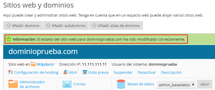 Activar un dominio en Plesk