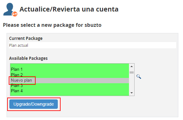 Cambiar el plan de un dominio de cPanel