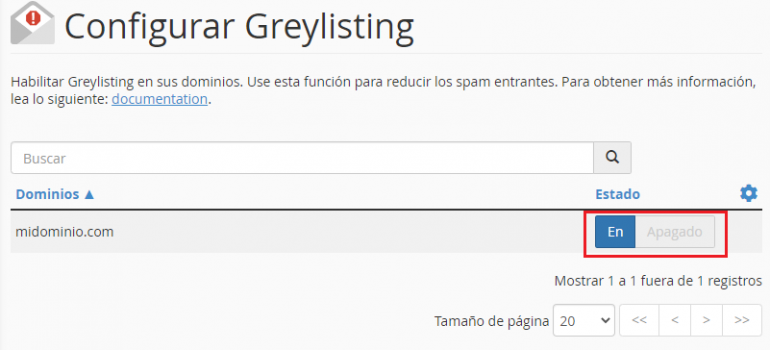 Activar o desactivar la comprobación greylist en cPanel